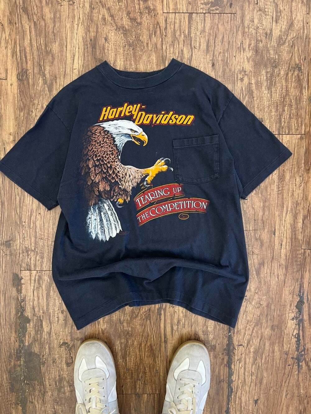 Vintage 1980s Harley Davidson Tearing Up The Competition Tucson Pocket T-Shirt L